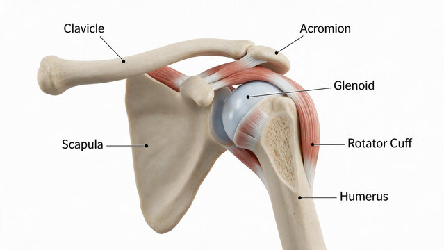 Shoulder joint anatomy featuring humerus scapula clavicle acromion and rotator cuff png.