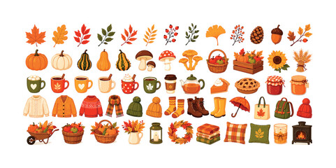 Fototapeta premium Collection of charming autumn illustrations for seasonal design projects