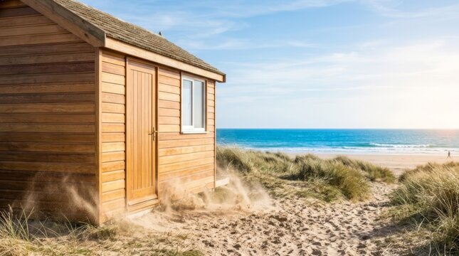 Sunlit wooden beach hut on sandy dunes, overlooking azure ocean waves, with wind-blown sand spray