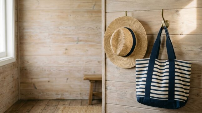 Straw hat and navy striped tote bag on wall hooks in light wood beach hut interior