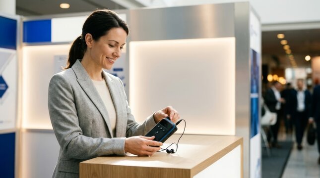 Woman uses translation device at conference, enabling seamless multilingual communication in a modern trade show
