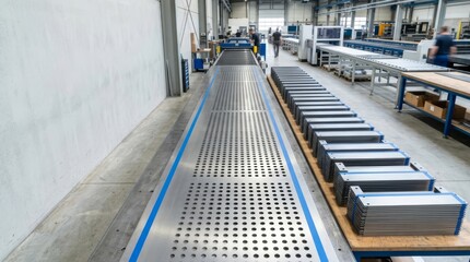 Obraz premium Modern sheet metal manufacturing line with precisely stacked components and perforated metal surface, industrial workshop setting