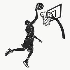 Basketball player performing a powerful slam dunk into the hoop silhouette with basketball rim © Manna
