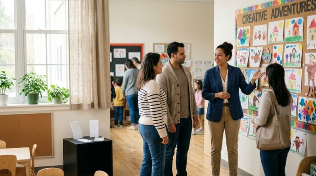 Teacher explains children's artwork to parents in a bright, modern classroom during an open house event