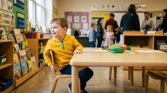 Young boy in yellow hoodie sits at a classroom desk, smiling during school open house with copy space