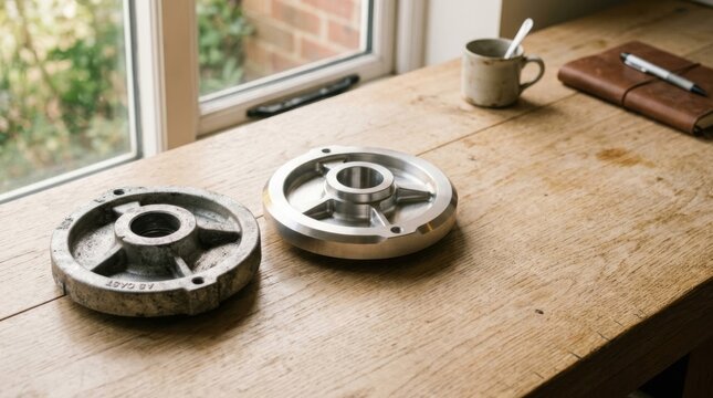 Machined metal part next to its rough casting on a wooden table, industrial manufacturing and material comparison