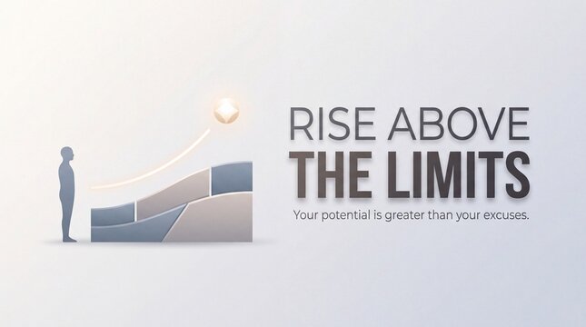 Rise Above The Limits Motivational Quote Typography. Minimalist Silhouette Man Looking At Light Above Barriers. Inspirational Success Concept With Blue And Grey Abstract Steps Business