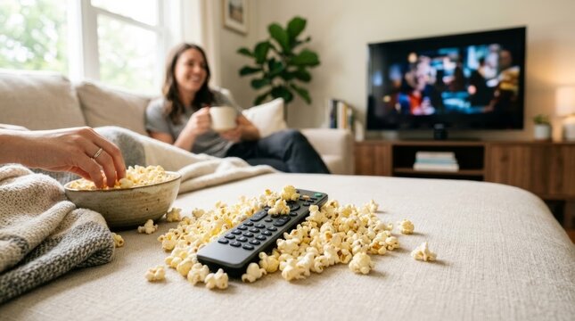 Woman enjoying popcorn on sofa with remote and TV in background