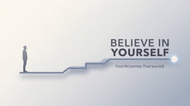 Believe in Yourself motivational business concept, man standing on rising graph line arrow, trust the journey self confidence presentation background