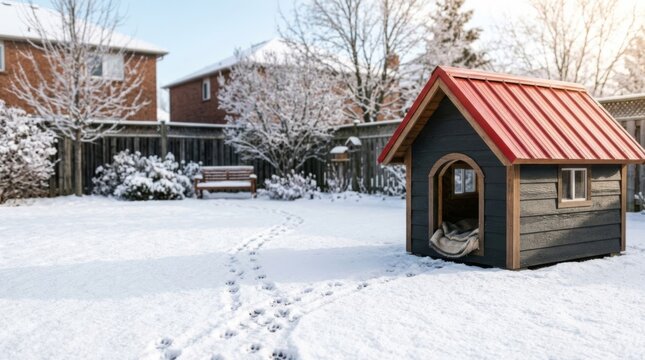 Dog tracks lead to a cozy doghouse with a red roof in a snowy backyard, providing a safe winter shelter for pets.
