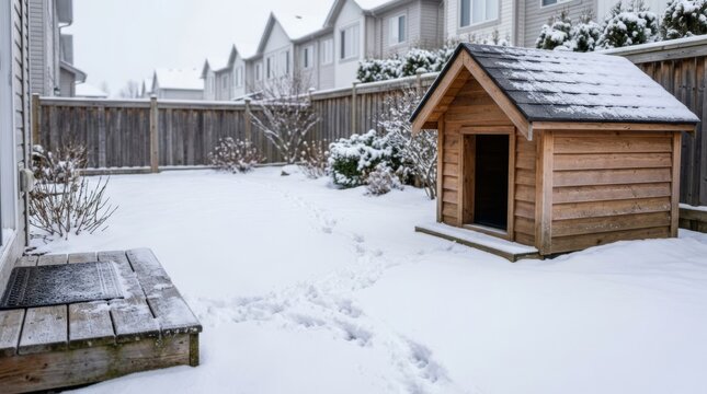 Fresh snow footprints lead to a cozy wooden doghouse in a quiet winter residential yard, offering warmth and shelter for pets.