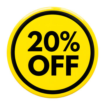 Glossy Yellow 20 Percent Off Sale Badge Close-Up Isolated on Transparent