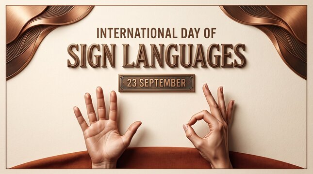 International day of sign languages poster with hands expressing communication on a textured beige background