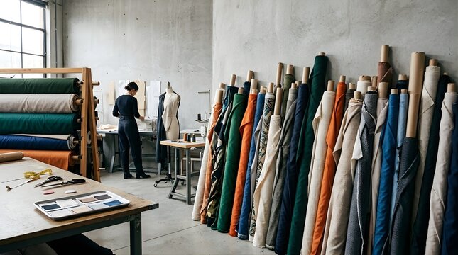 Fashion designer working in a textile studio with colorful fabric rolls