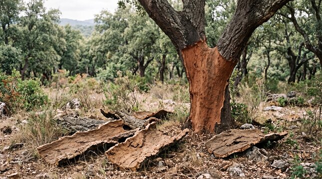 Cork oak tree with harvested stripping bark lying on ground in Mediterranean forest