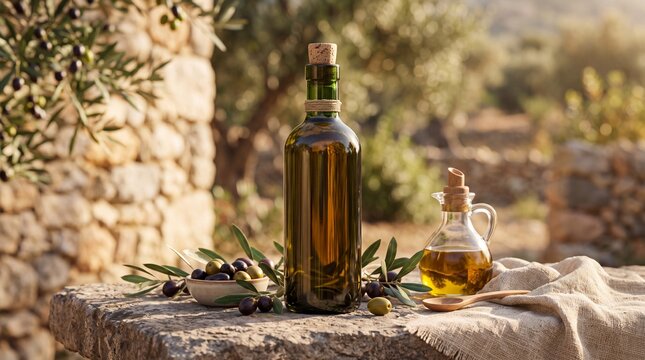 Extra virgin olive oil in glass bottle and decanter on stone table in olive grove