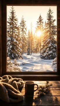 Cozy winter scene through a wooden window with a snowy pine forest and warm sunlight, a knitted blanket and mug on a wooden sill, cozy winter lifestyle, warm cabin atmosphere, winter holiday spirit.