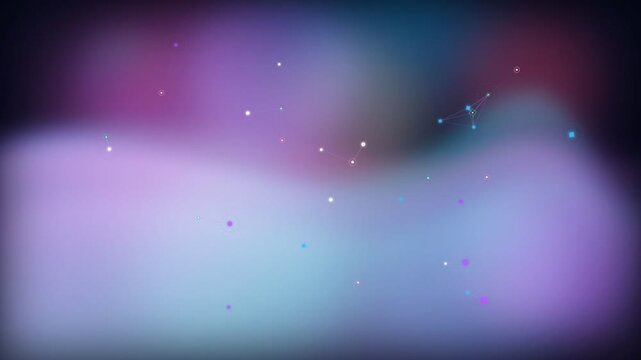 Abstract digital background with small floating geometric points and lines against a purple gradient.