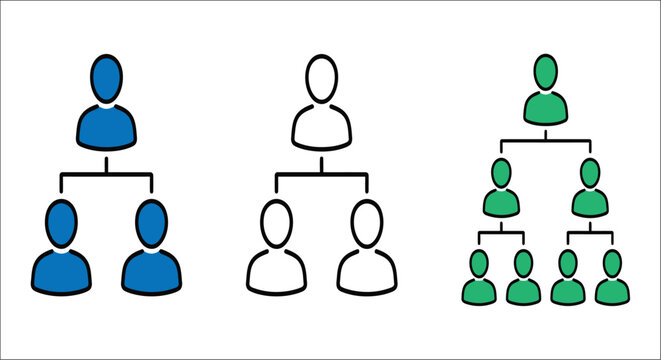 Hierarchical diagrams depicting organizational charts with stylized human silhouettes on a white background hierarchy organizational chart
