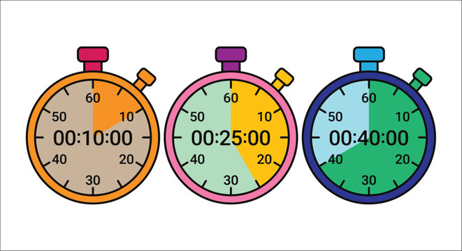 Three colorful stopwatches display elapsed time with numerical readouts against a white background stopwatch timer