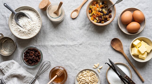 Baking ingredients laid out on a textured linen cloth for making a cake or cookies vector illustration