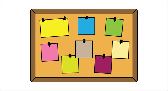 Corkboard with colorful pinned notes is displayed against a white background a vector illustration bulletinboard