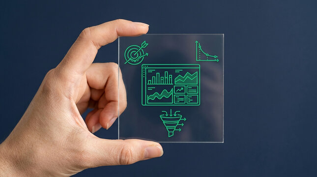 Hand holding a transparent glass plate with business analytics icons, dashboard, funnel, and charts on dark blue background for data concept.