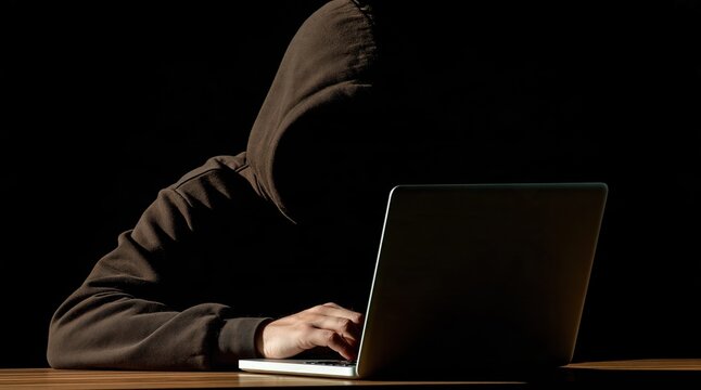Anonymous person in brown hoodie using laptop against black background