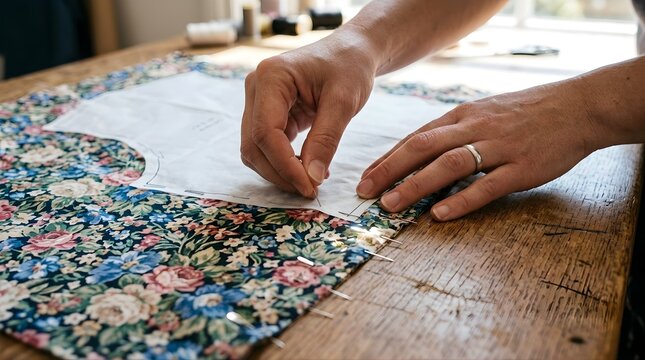 Hands pinning paper pattern to floral fabric on wooden table at home