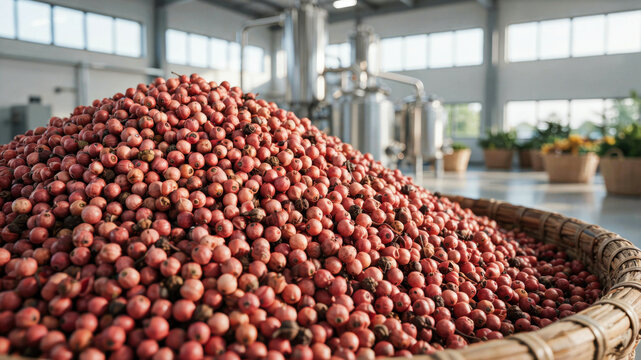 Schinus molle. Pink pepper berries in basket with essential oil distillation equipment