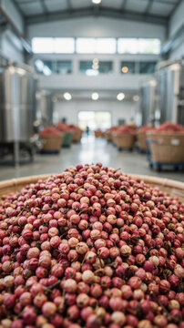 Schinus molle. Pink pepper berries piled in essential oil production facility interior