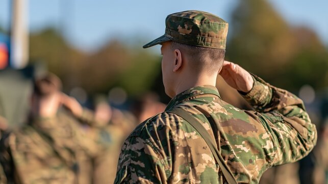 Soldier in camouflage uniform saluting during military ceremony