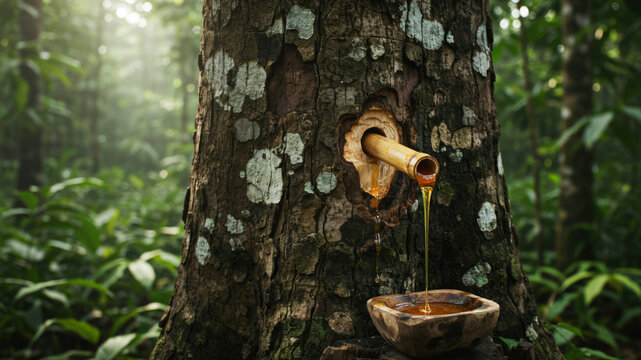 Copaifera tree tapped to collect golden oleoresin. Copaifera tree resin extraction in Amazon forest