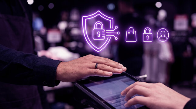 Secure Mobile Payment Processing at Retail Store with Glowing Cybersecurity Shield Icon Overlay Representing Safe Digital Transactions.