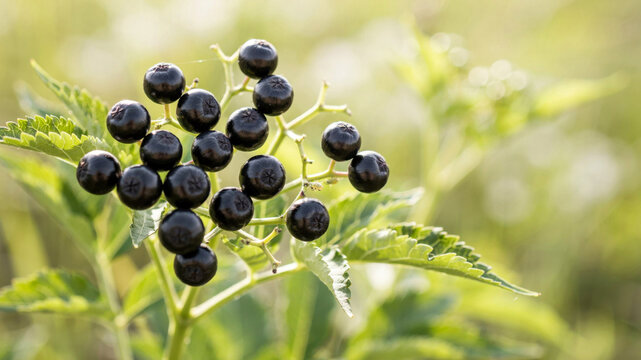 Ripe Sambucus ebulus berries forming a dense flat-topped fruit cluster. Dwarf elder Sambucus ebulus berries on plant