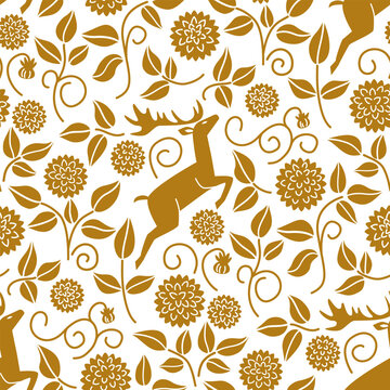 Golden seamless pattern with deer silhouettes, blooming dahlias, leaves, and floral ornaments in vintage folk on white background