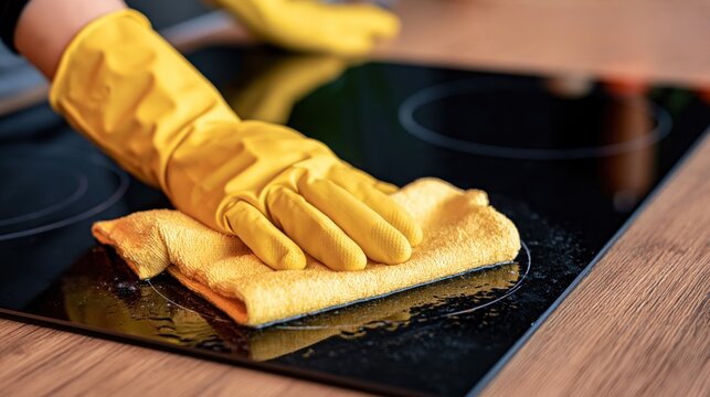 Hand in yellow rubber glove cleaning glass ceramic induction cooktop with microfiber cloth