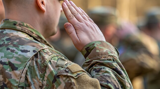 Soldier in camouflage uniform performing military salute