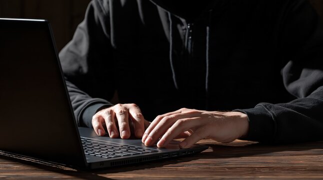 Hands of person in black hoodie typing on laptop at wooden table in dark room