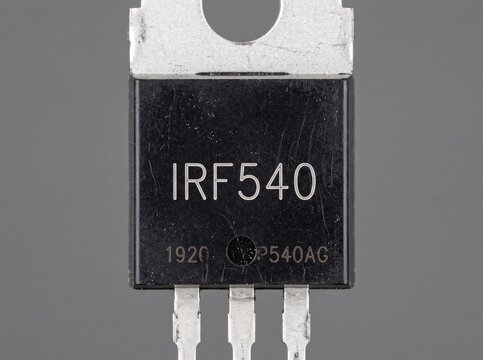 N channel power mosfet transistor on grey background used for high current motor switching.