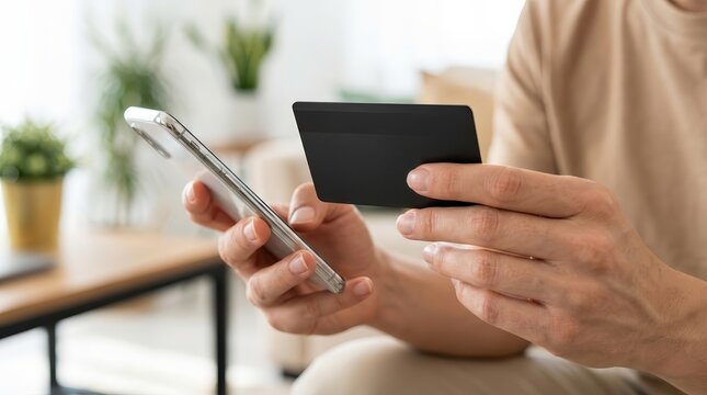 A person using a smartphone and credit card for a digital shopping finance installment service.