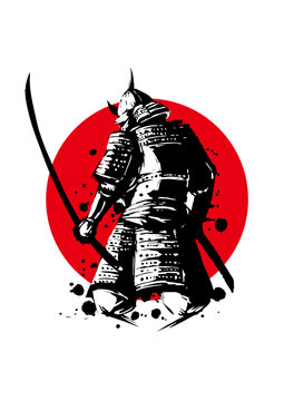 【ベクター素材】日の丸と武士の背中