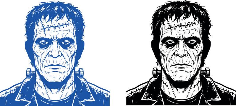 Frankenstein monster portrait vector, classic horror movie creature head, spooky halloween character icons