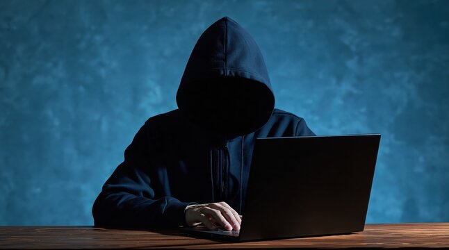 Anonymous hacker wearing dark hoodie working on laptop against blue background