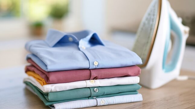 Stack of folded colorful shirts next to iron on wooden table