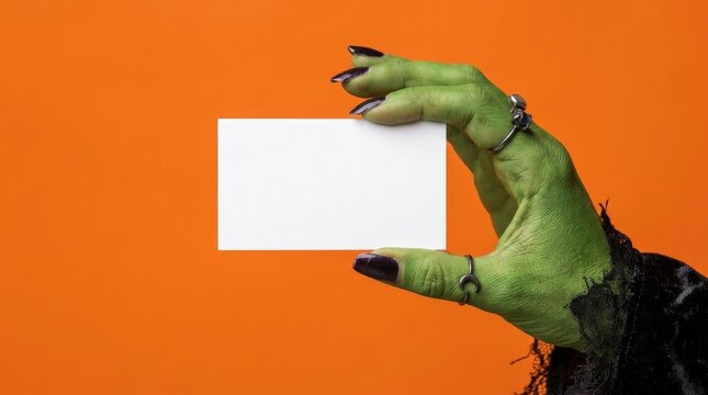 Green witch hand with dark nails holds a blank white card against an orange background