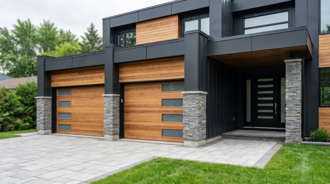 Modern luxury house facade with horizontal glass windows on the garage doors.