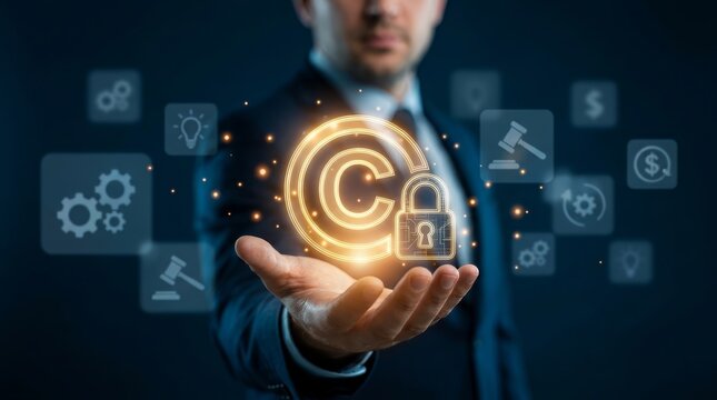 Digital rights management and security concept featuring a businessman with a glowing copyright icon and lock.