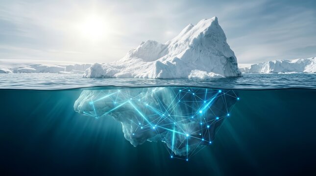 Digital network connectivity and data flow glowing through an iceberg under deep water.