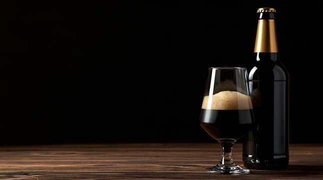 Glass of dark beer with foam and bottle on wooden table against black background